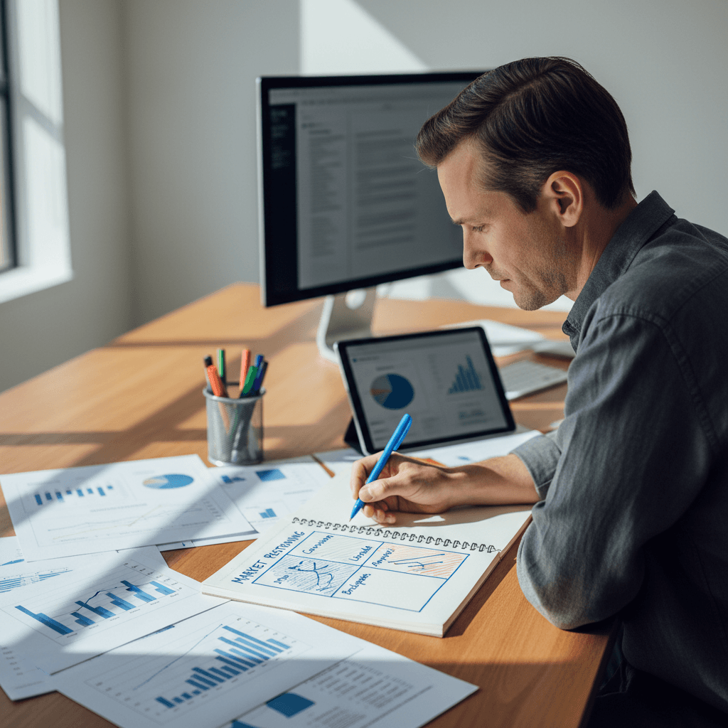 Strategic marketing planning session with analytics charts