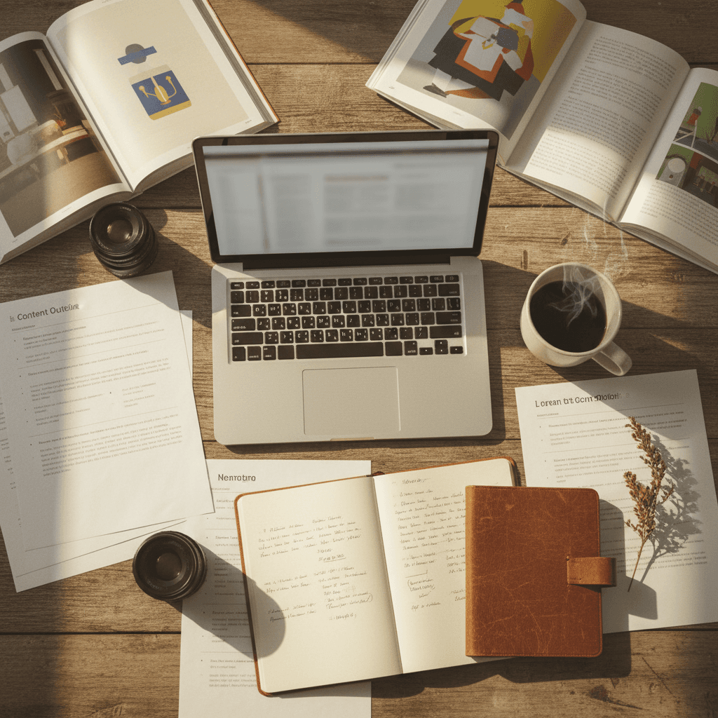 Content strategy planning with written notes and laptop
