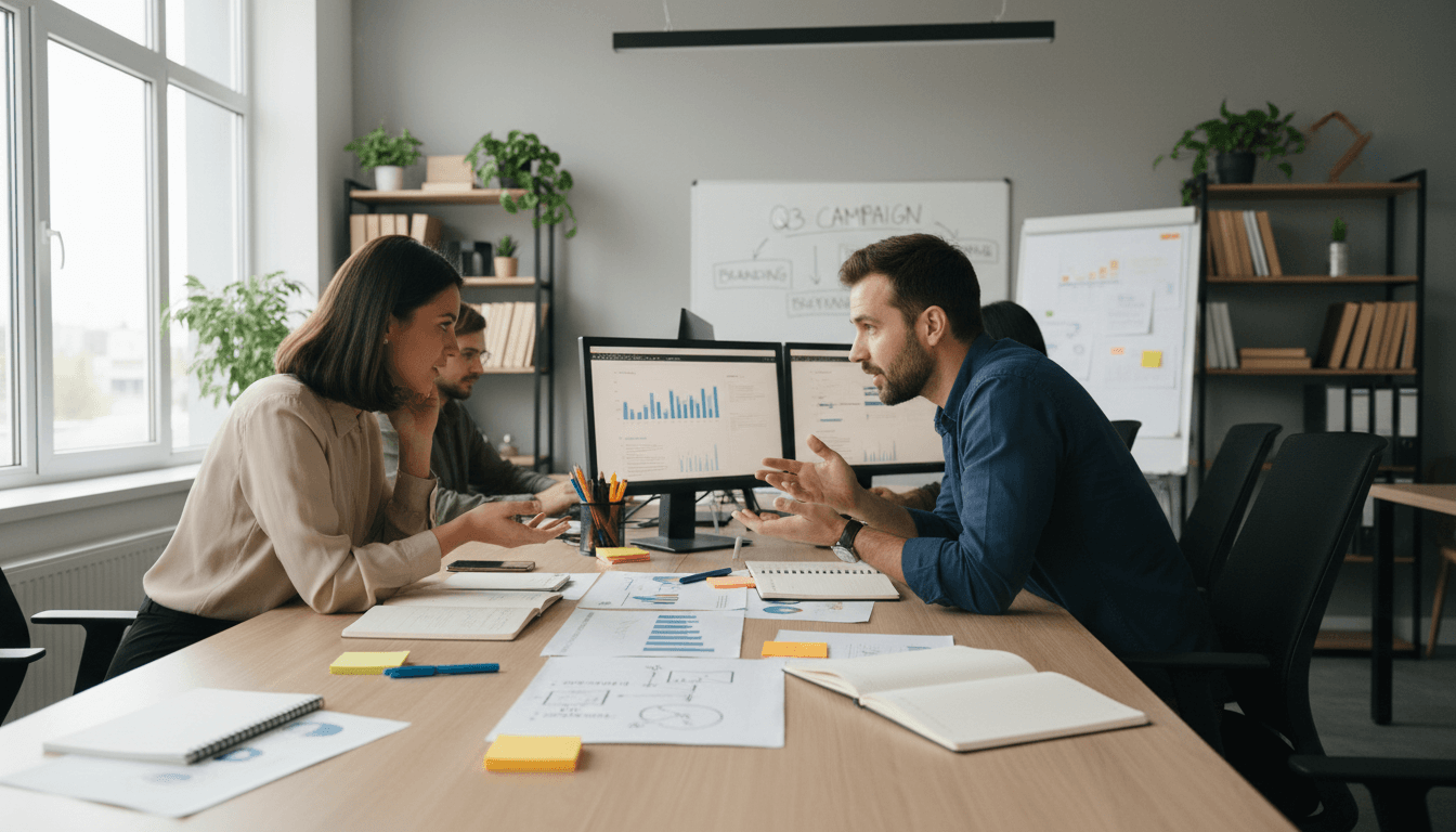 A documentary-style aesthetic wide shot of a small marketing team in an Alexandria office collaborating around a shared workspace.